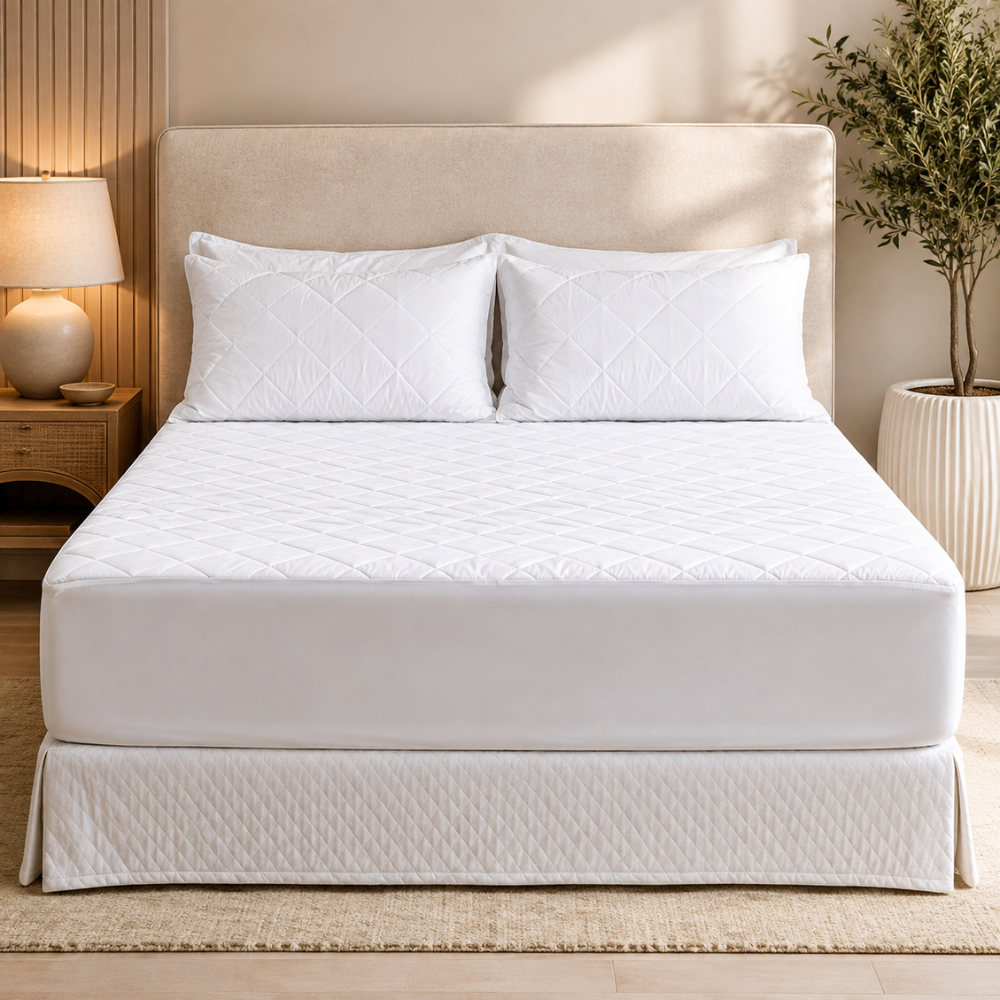 Australian made mattress protector displayed on a fully made king bed