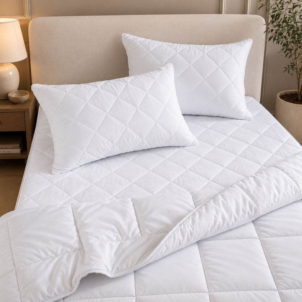 Quilted mattress protector with matching pillows creating a luxurious sleep space