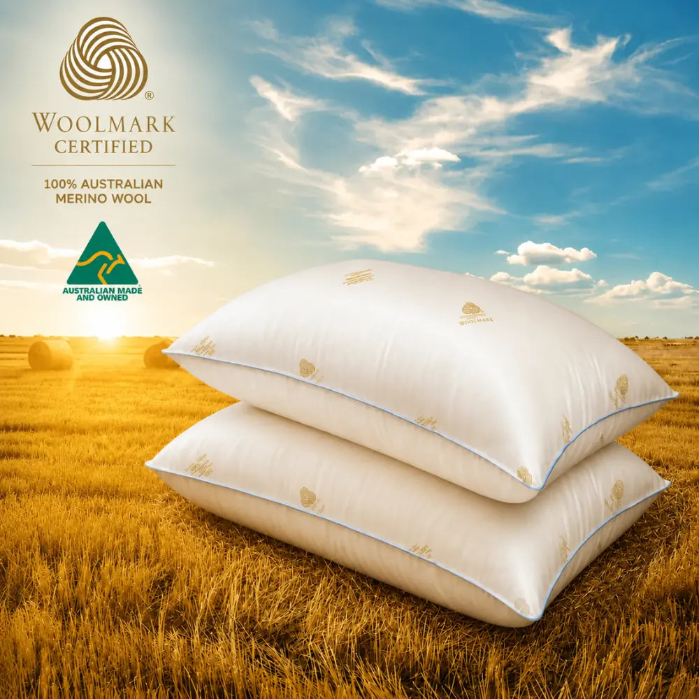 Premium pillow on farm field with Australian made Merino wool pillow