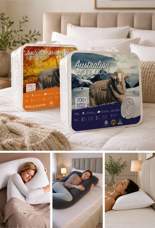 Australian made bedding collection with pillows, quilts and sleep products