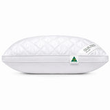 White quilted pillow with Australian made tag on clean background