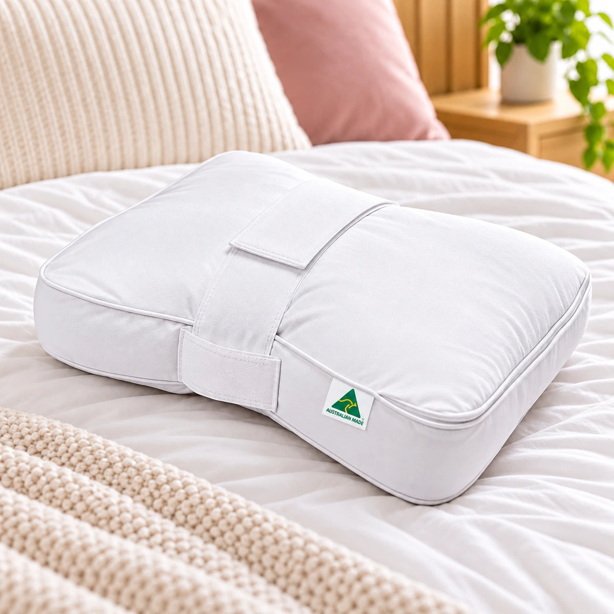 White Australian Made knee and leg pillow displayed on a bed