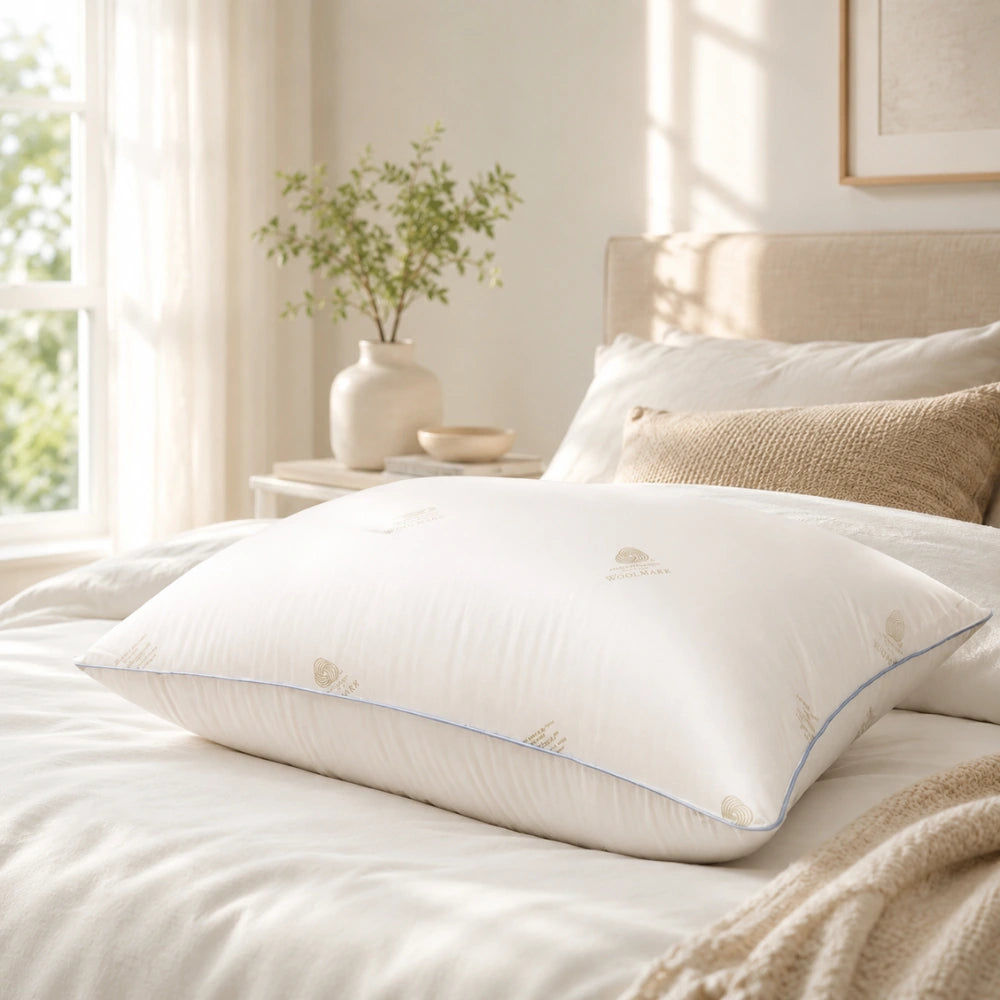 Soft wool pillow styled on neutral bedroom bed with luxury wool pillow