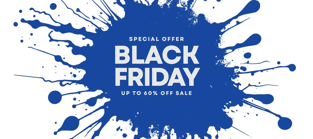 Black Friday Sale desktop banner featuring blue splash design highlighting major storewide discounts.