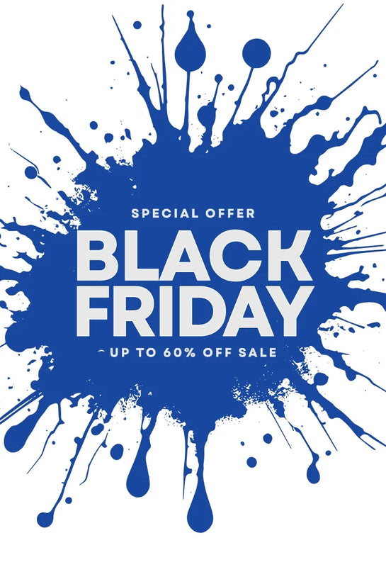 Black Friday Sale mobile banner with bold blue paint splash design – limited time storewide offer.