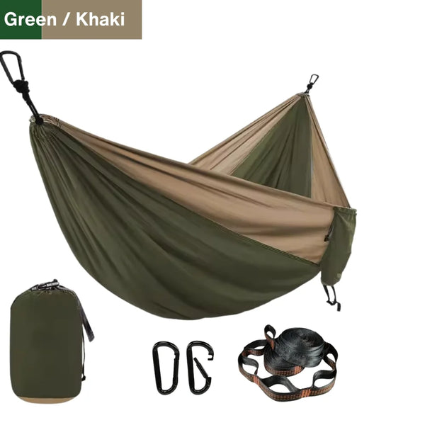 Lightweight camping hammock in green and khaki with carry bag