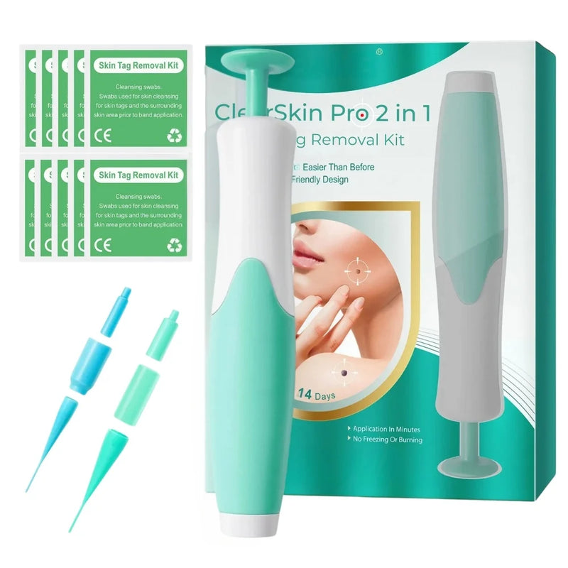 ClearSkin Pro 2 in 1 Skin Tag Removal Kit in green design with removal pen, bands, and easy-to-use applicator