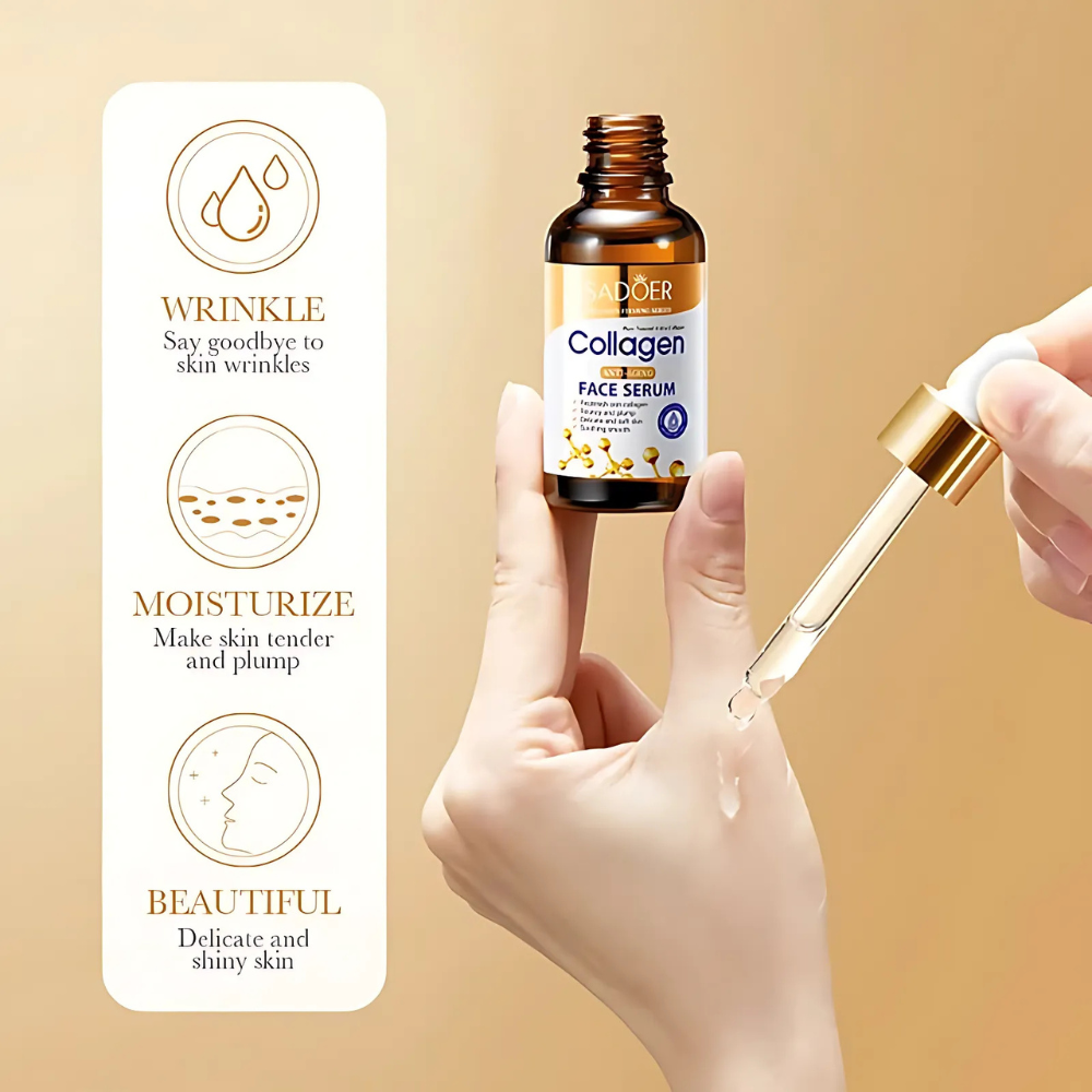 Dropper applying face serum to skin for hydration, collagen serum