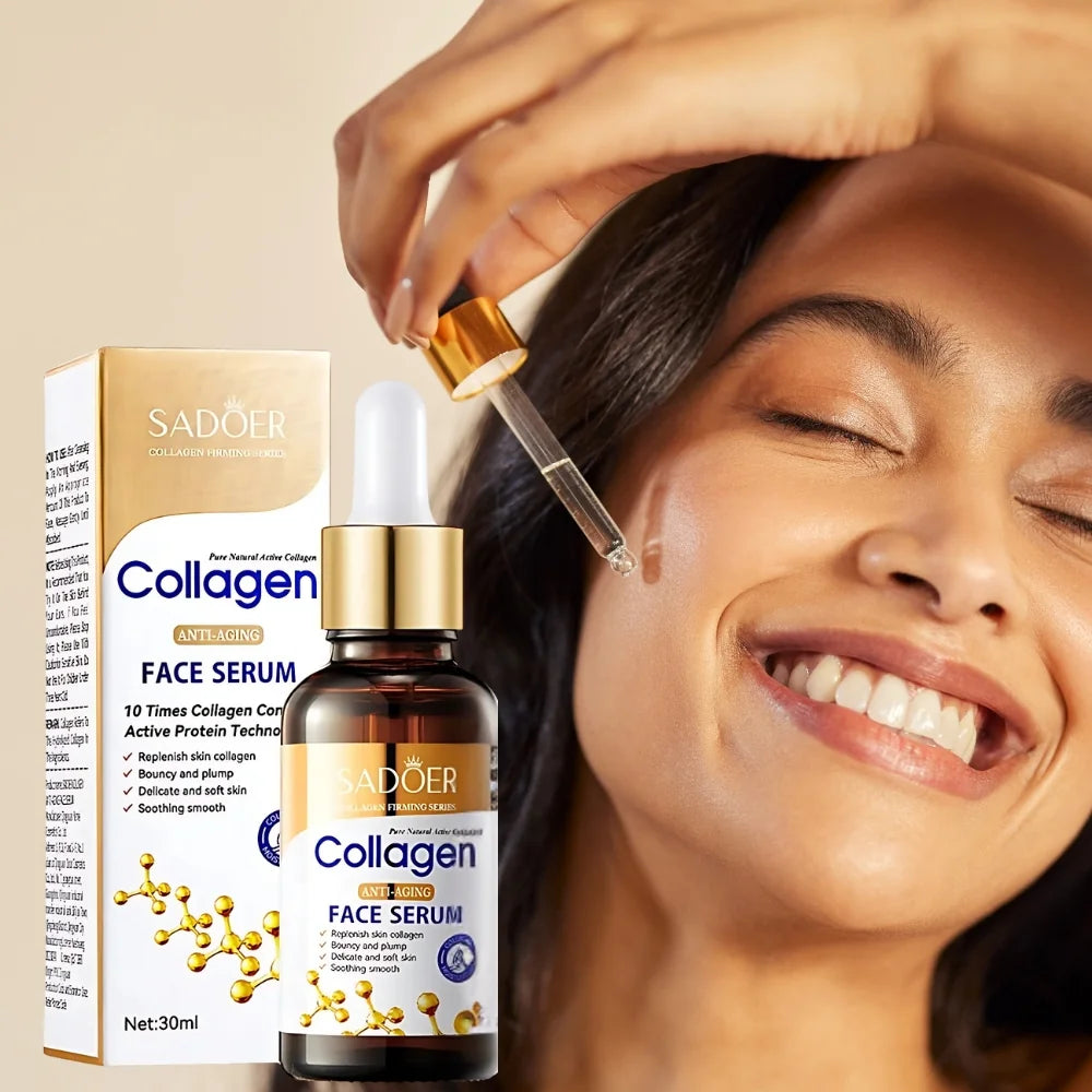 Smiling woman using dropper serum on face for hydrated skin collagen serum