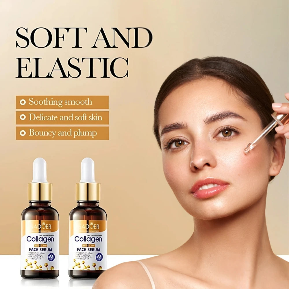 Serum bottles shown beside model for soft elastic skin collagen serum