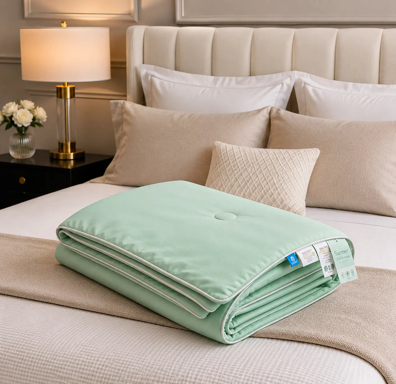 Aqua Green cooling blanket folded on a premium bed setting