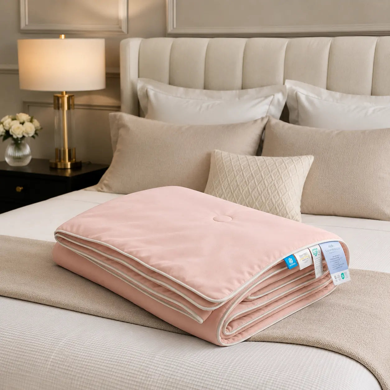 Folded Blush Pink cooling blanket styled on a premium bedroom bed