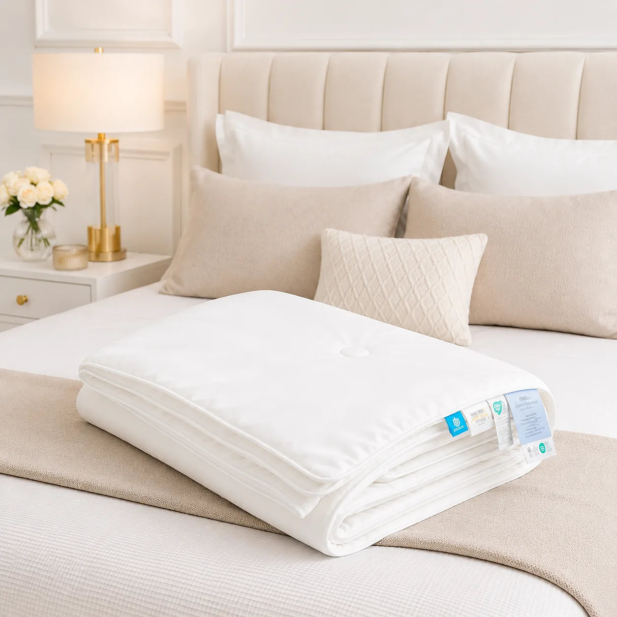 Cloud White cooling blanket folded on a luxury beige bedroom bed setting