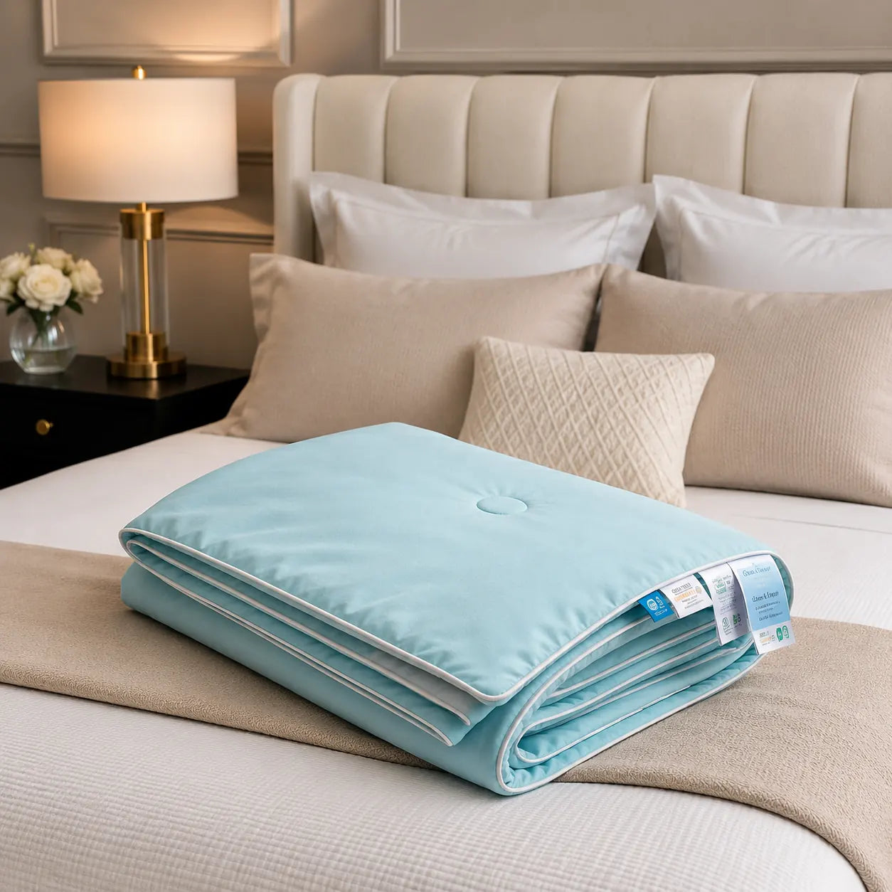 Coastal Blue cooling blanket displayed on a modern bedroom bed