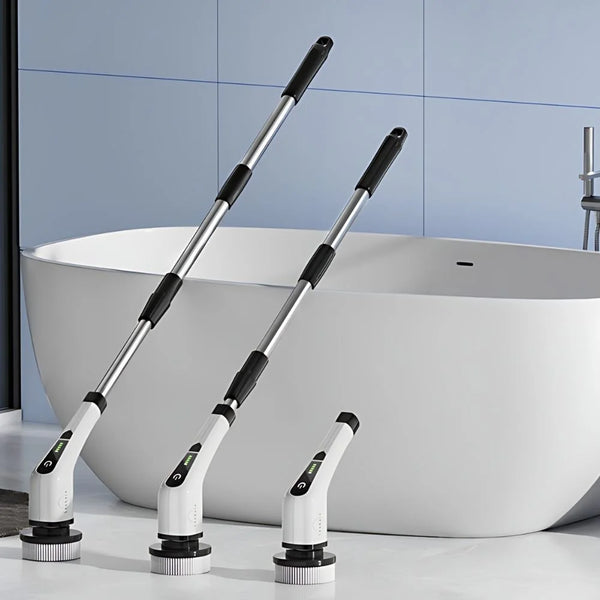 Cordless electric scrubber with long handle for bathroom, shower, tile, and floor deep cleaning