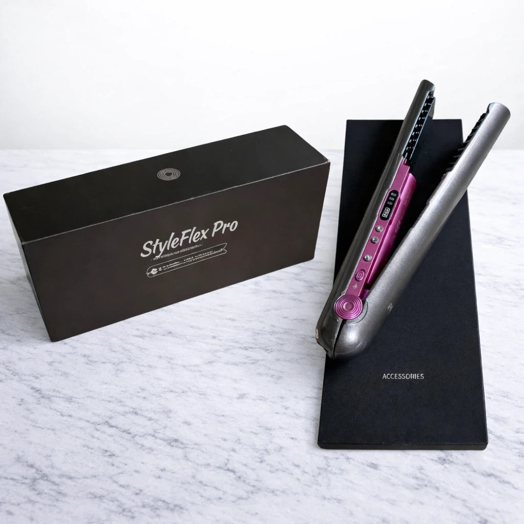 Cordless straightener standing in its charging base on marble