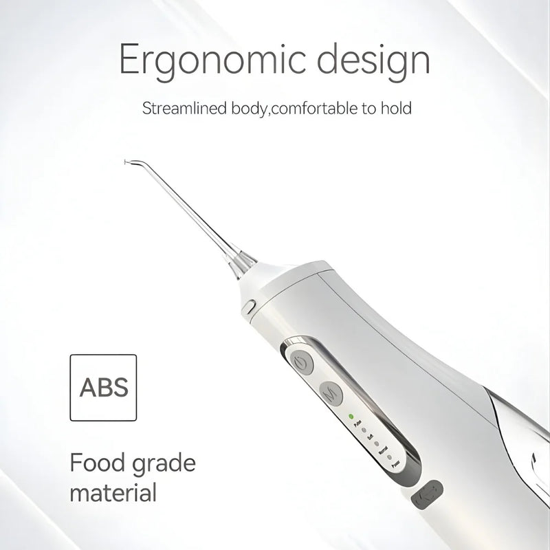 Ergonomic cordless water flosser with comfortable grip and food-grade material.