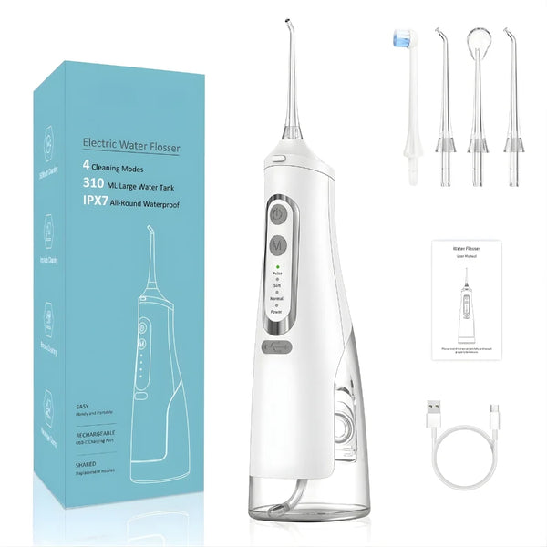 Cordless water flosser kit with multiple nozzles and charging cable.