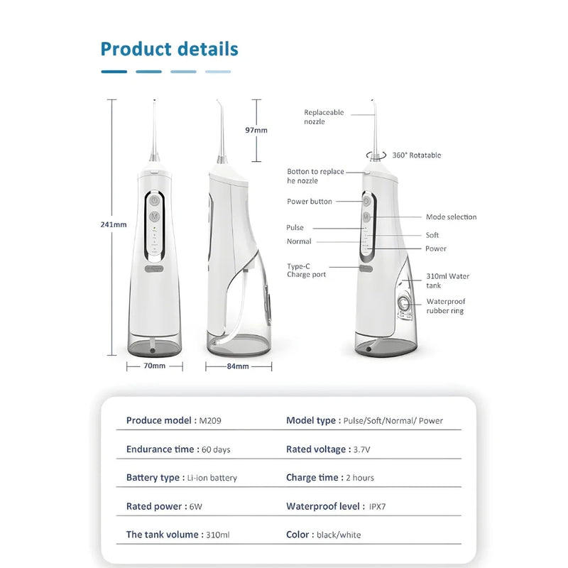 Cordless water flosser product details showing size and nozzle options.