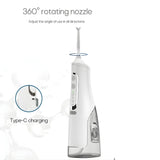 Dental water jet with 360° rotating nozzle and USB Type-C charging.