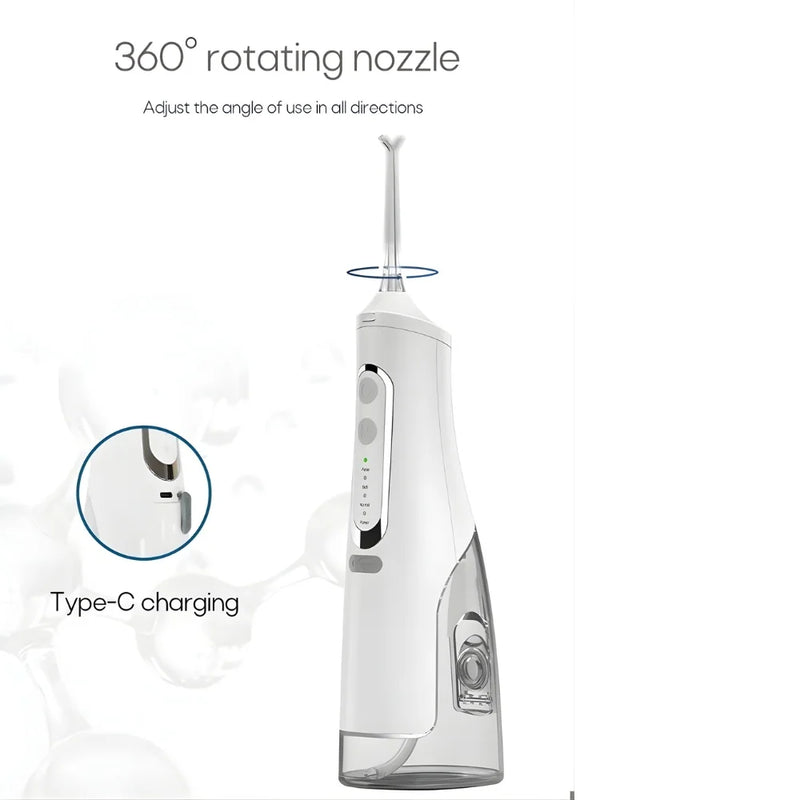 Dental water jet with 360° rotating nozzle and USB Type-C charging.