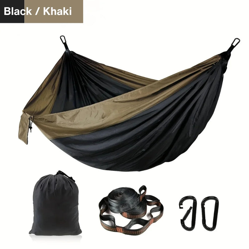 Double camping hammock in black and khaki with straps and bag