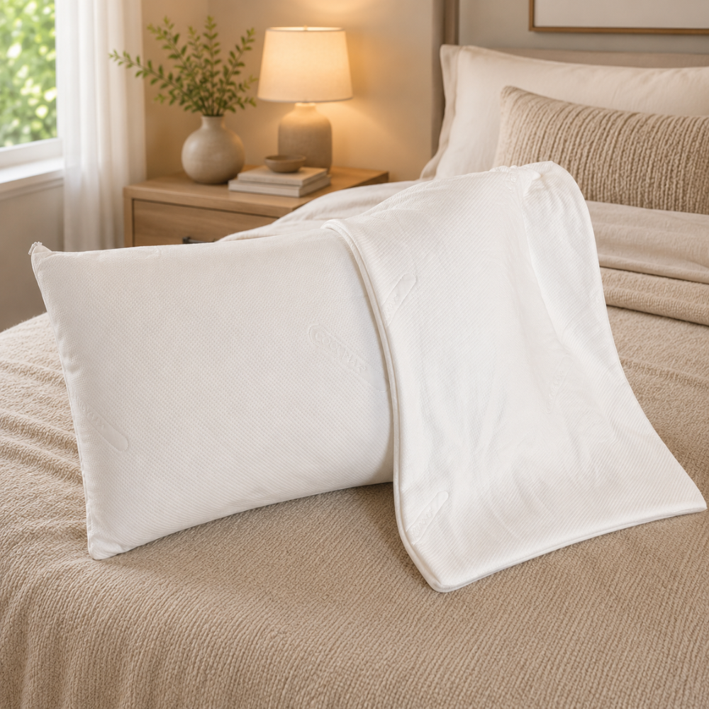 DreamCool cooling pillowcase twin pack styled together on a premium bed