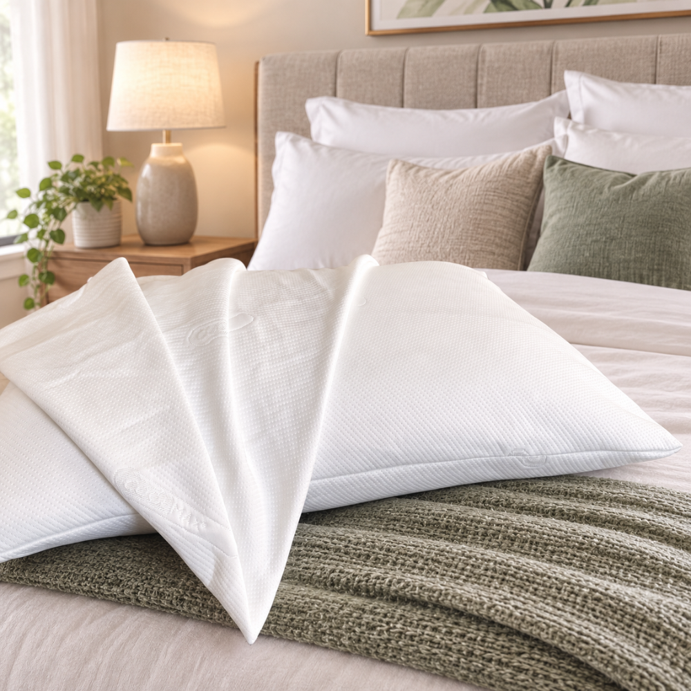 White DreamCool cooling pillowcases arranged with premium neutral bedding