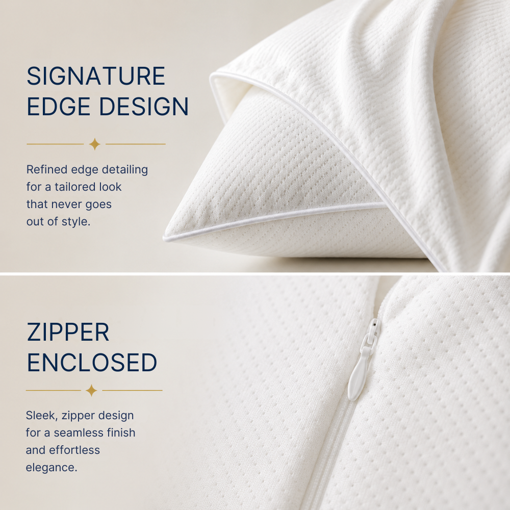 DreamCool CoolMax pillowcase close-ups showing edge design & enclosed zipper