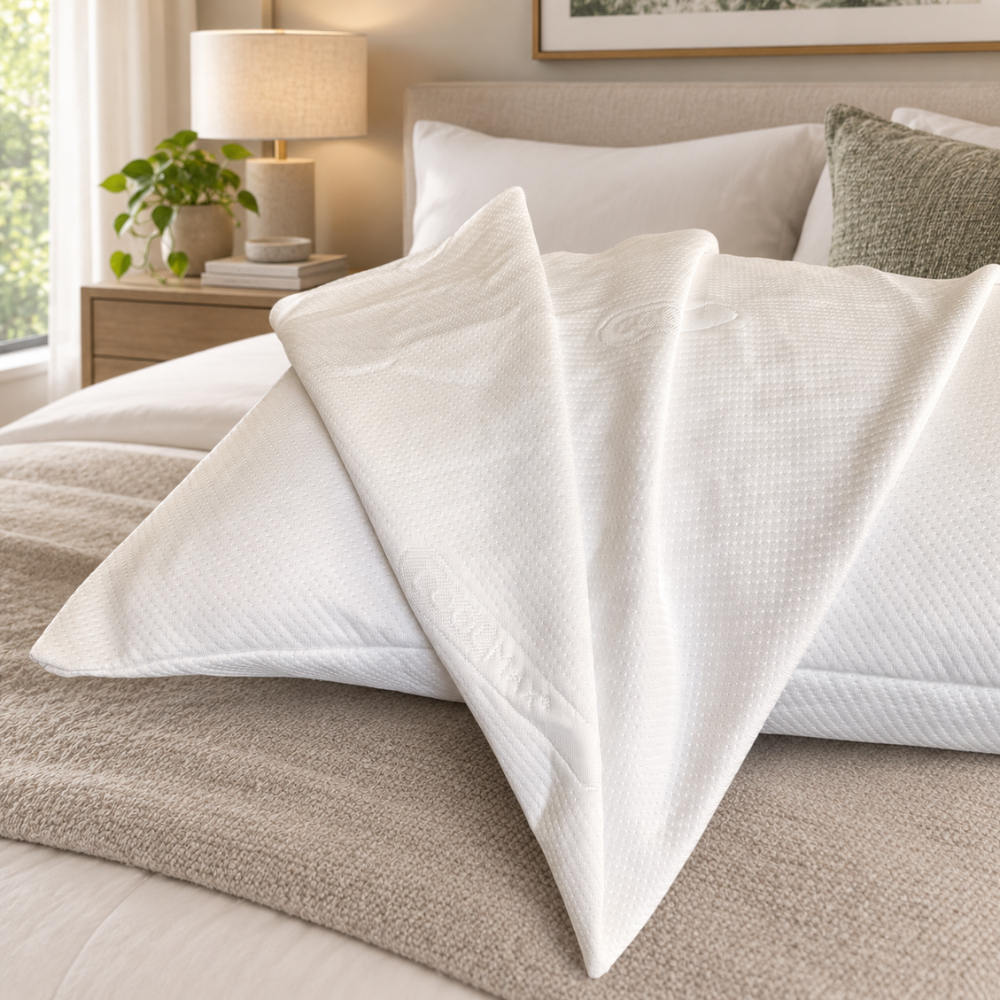 Two DreamCool CoolMax pillowcases draped on a bed showing their soft fabric
