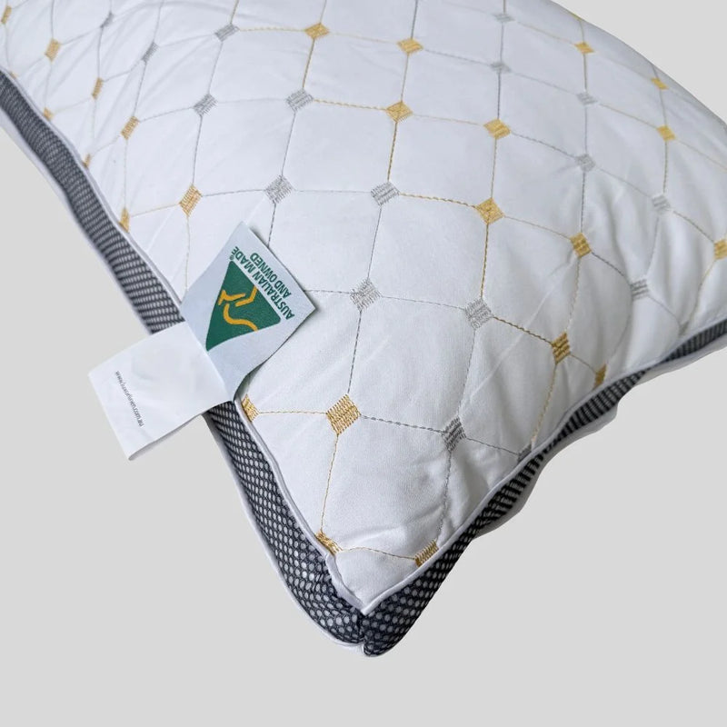 Closeup of DreamHaven Luxury Hotel Pillow with breathable quilted cotton cover and premium finish