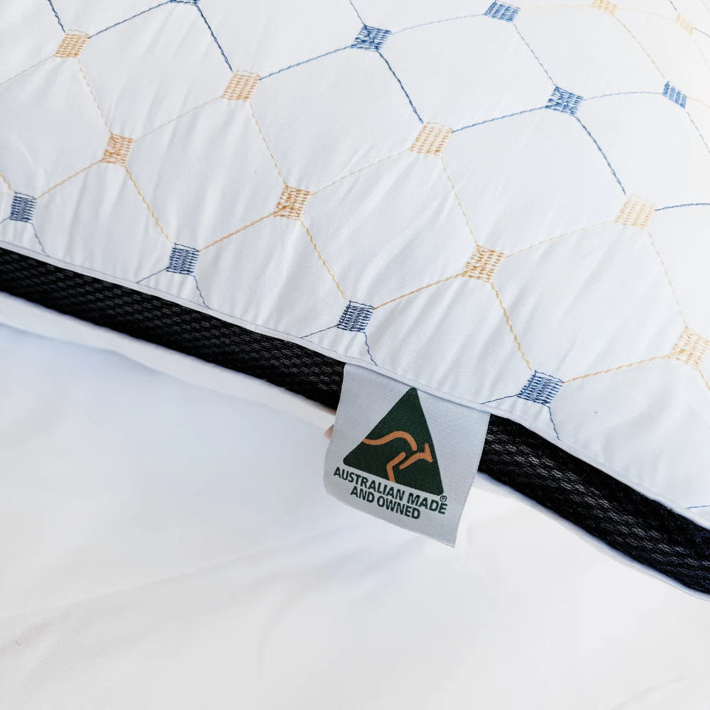 blue dreamhaven pillow corner with australian made tag on soft quilted fabric
