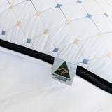 blue dreamhaven pillow corner with australian made tag on soft quilted fabric