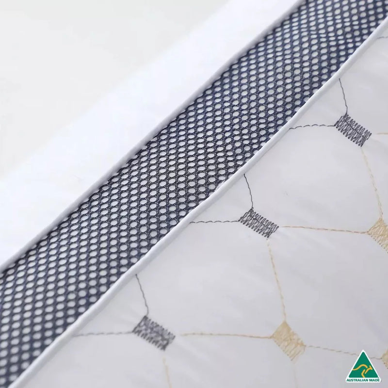 Close-up of DreamHaven pillow mesh sides and stitching with Made in Australia stamp highlighting premium breathable comfort