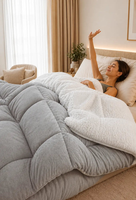 EverWarm Luxury Sherpa Doona in grey on a premium bedroom bed with ultra warm sherpa fleece comfort for cosy winter sleeping