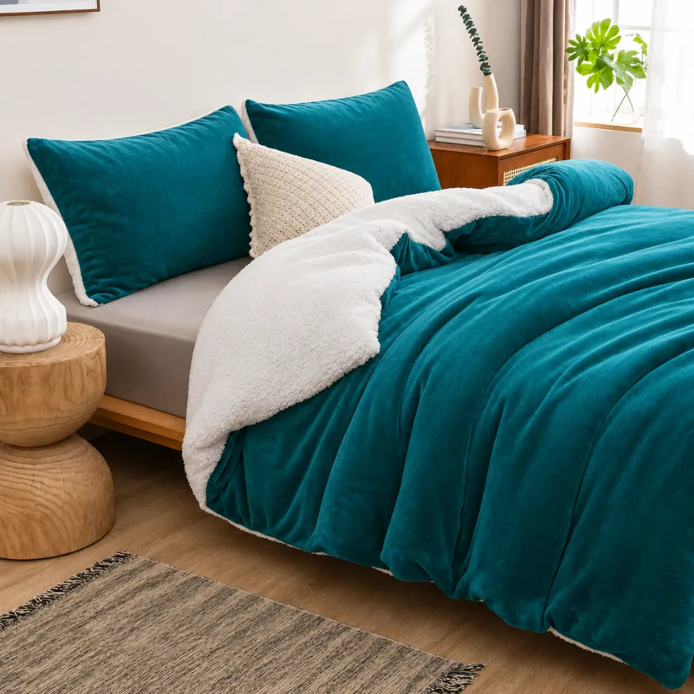 Teal sherpa quilt cover adding colour to a cosy bedroom