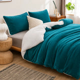 Teal sherpa quilt cover adding colour to a cosy bedroom