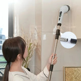 Extendable power scrubber being used for shower wall and bathroom cleaning with adjustable long handle