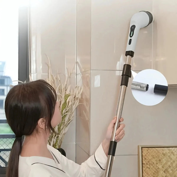 Extendable power scrubber being used for shower wall and bathroom cleaning with adjustable long handle