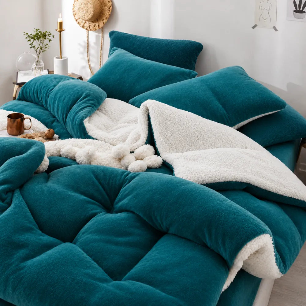 Reversible fleece and sherpa bedding folded to show both sides.
