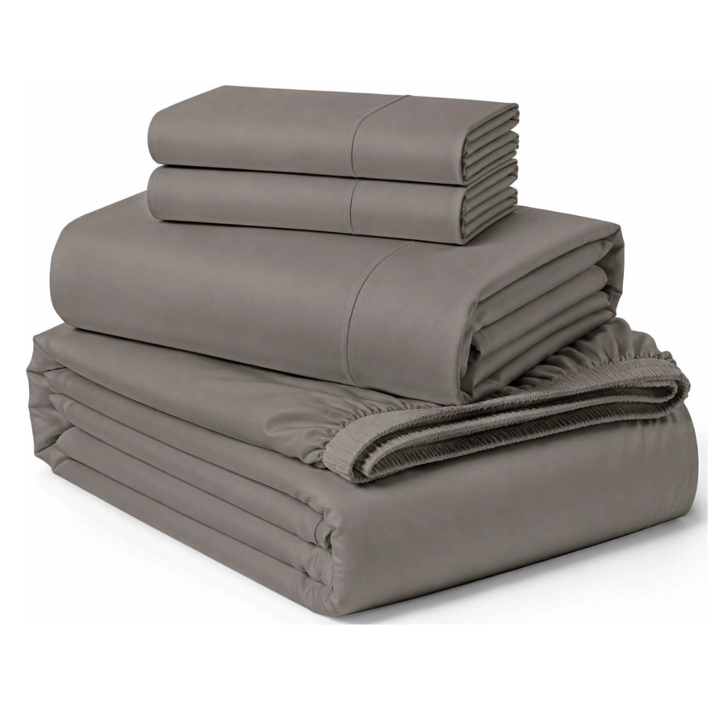 Grey hotel collection sheet set styled in folded stack
