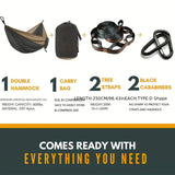 Complete camping hammock set with carry bag, straps, and carabiners