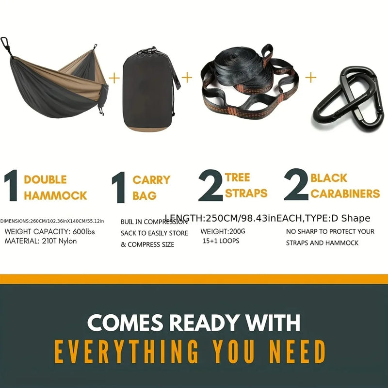 Complete camping hammock set with carry bag, straps, and carabiners