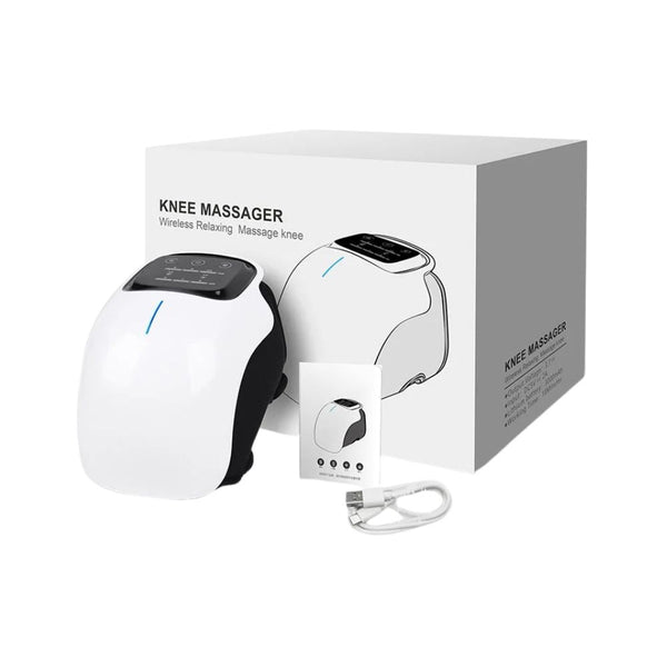 Heated knee massager with vibration therapy, USB charging cable, and packaging box for joint pain relief