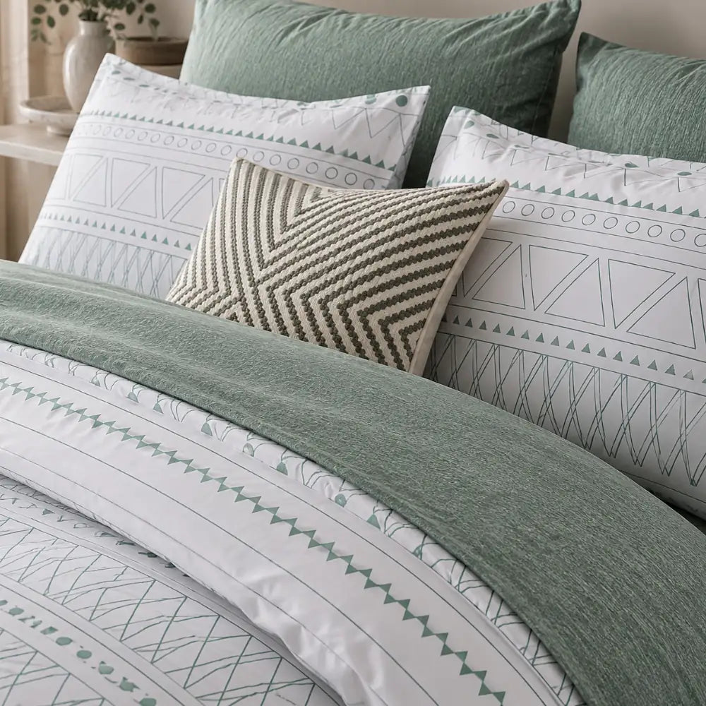 Coastal Green geometric comforter set showing patterned bedding and pillowcases