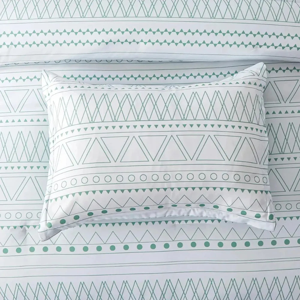 HorizonGeo Coastal Green matching geometric pillowcase and bedding detail