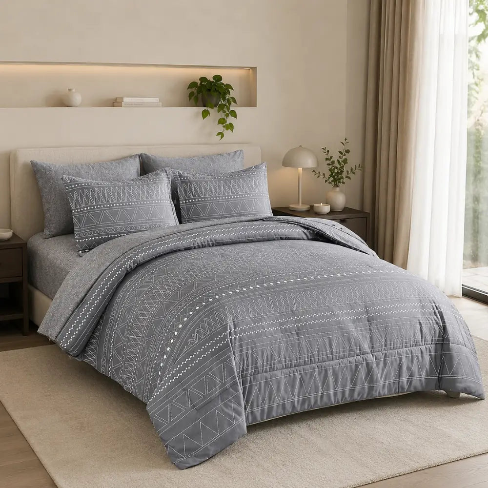 HorizonGeo Coastal Grey 3 Piece Comforter Set styled in a modern bedroom
