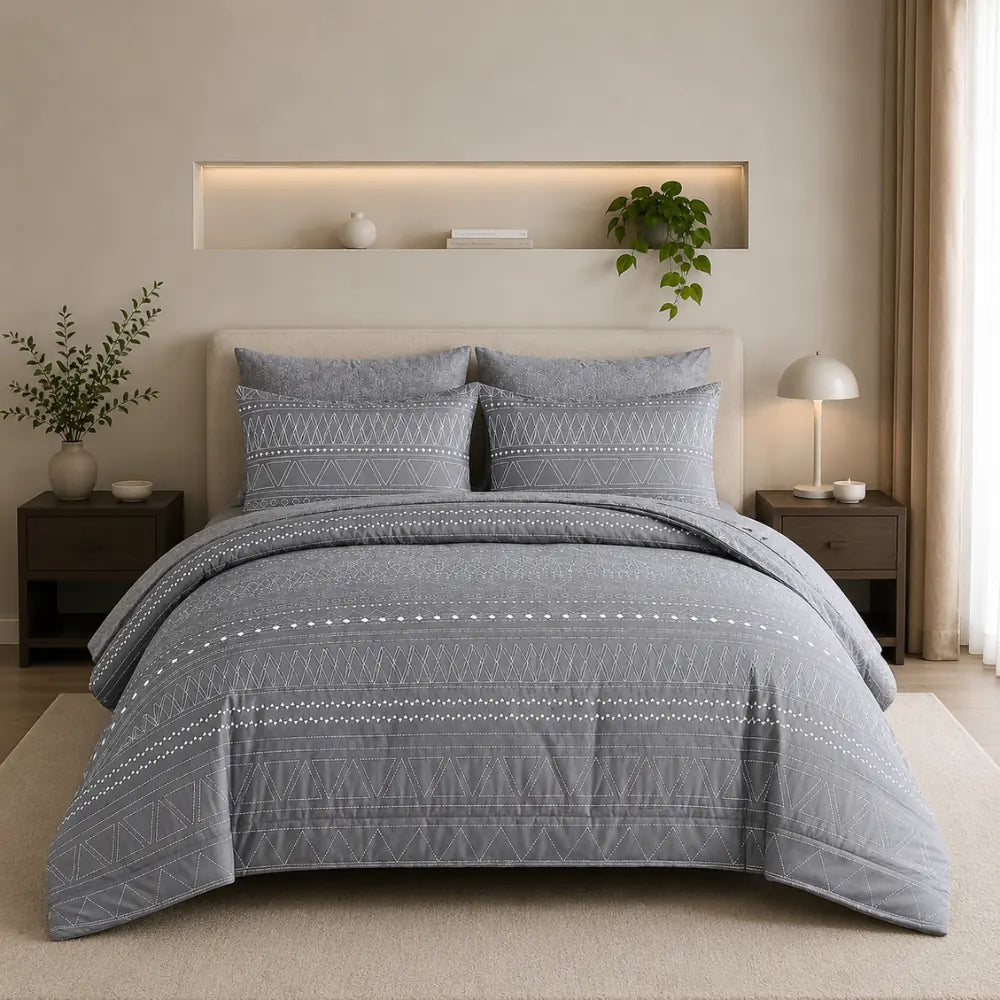 Coastal Grey HorizonGeo summer comforter set displayed on a styled bed