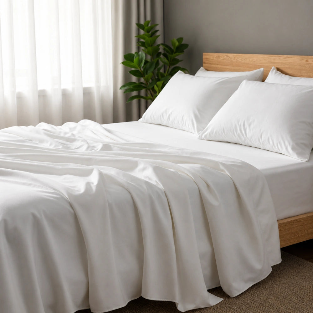 White hotel quality bed sheets styled on luxury bed