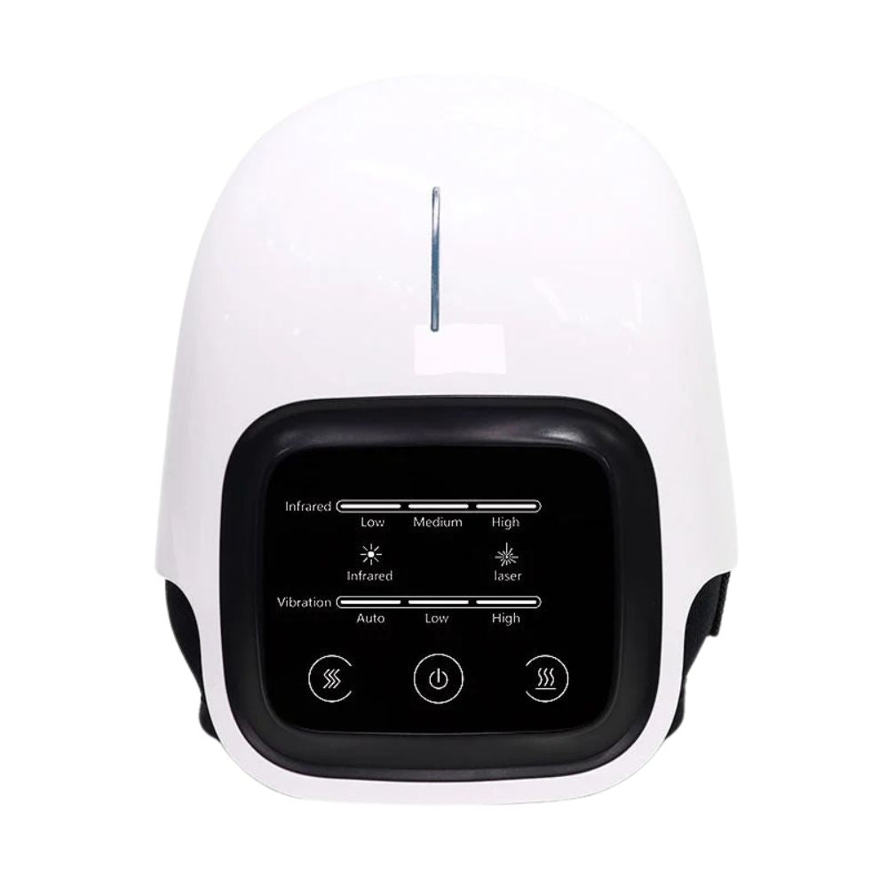 Knee massager with digital control panel showing infrared heat and vibration settings for joint therapy